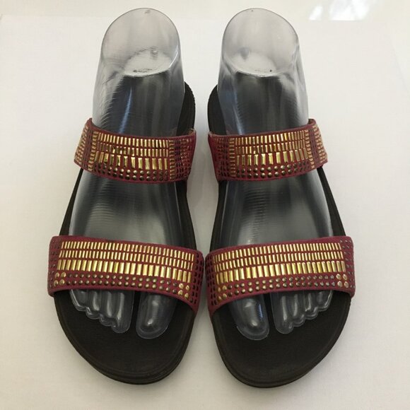 Fitflop Pink Gold Azteck Chada Womens 37 EU/ 6 US Slide Slip On Leather Rubber - Picture 1 of 16